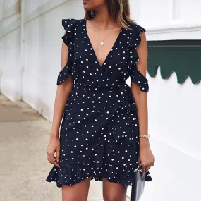 Bear Shoulder Half Sleeves V-neck Polka Dot Short Beach Dress