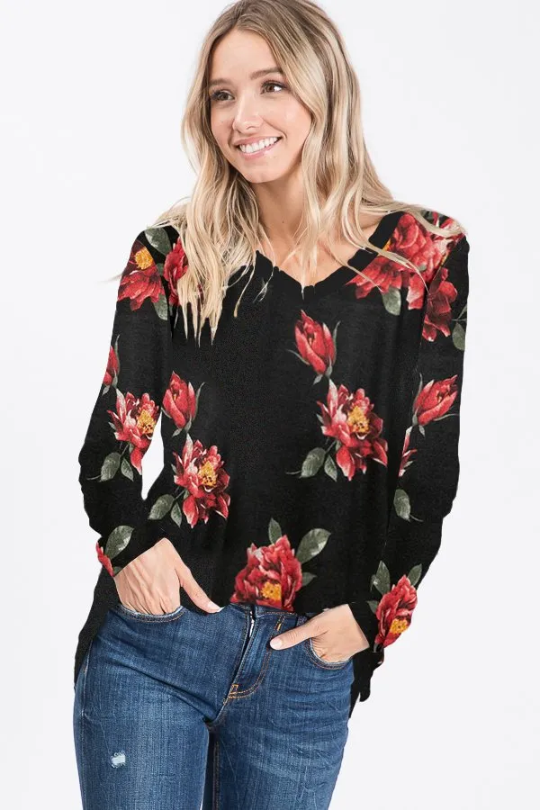 Black and Red Floral Lightweight Sweater