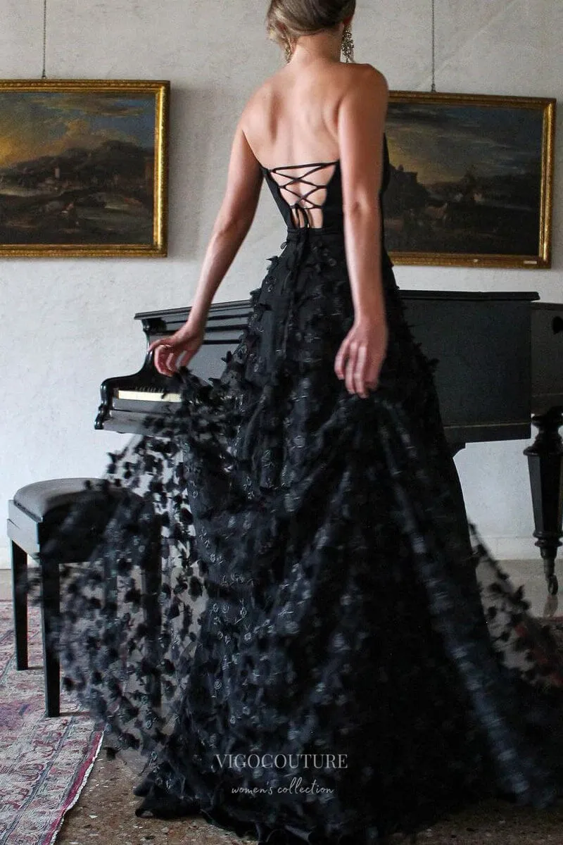 Black Floral Lace Prom Dresses with Slit Strapless Formal Gown 24209