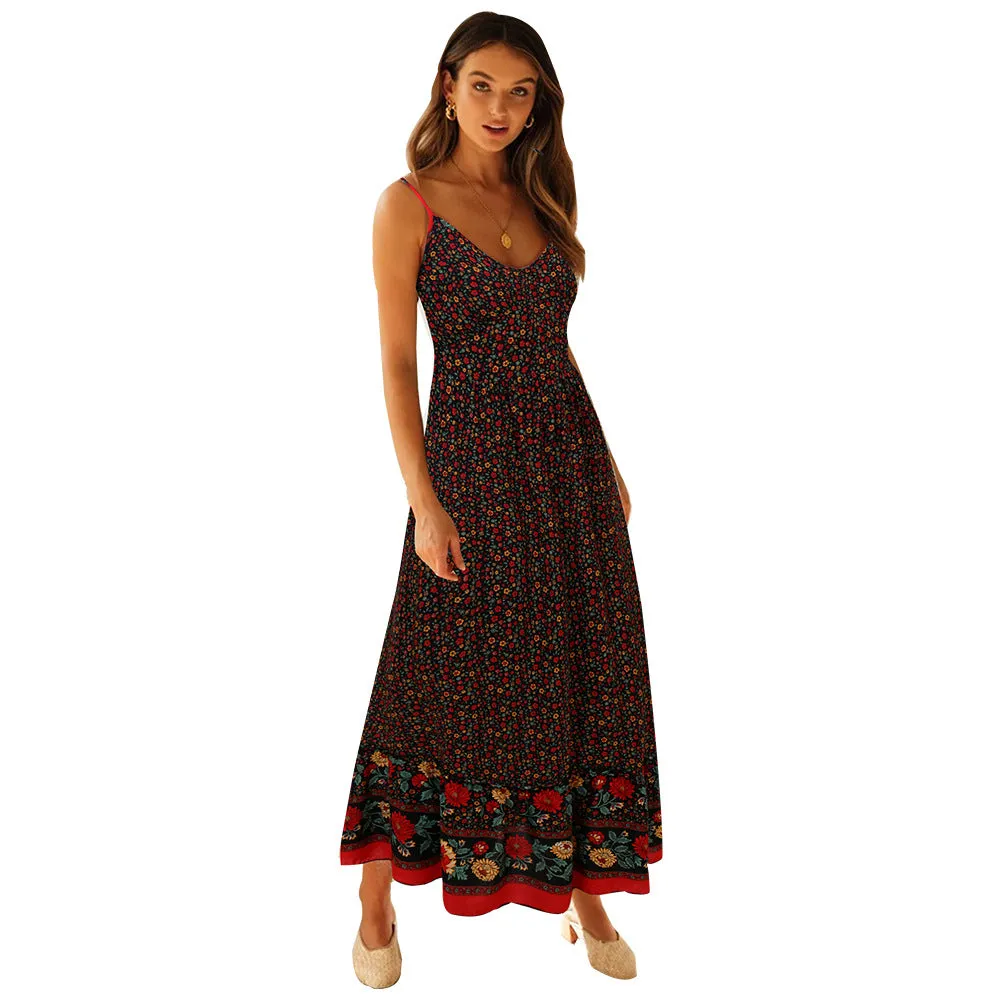 Bohemian V-neck Cotton Suspender Floral Long Beach Dress