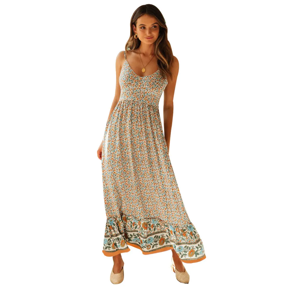 Bohemian V-neck Cotton Suspender Floral Long Beach Dress