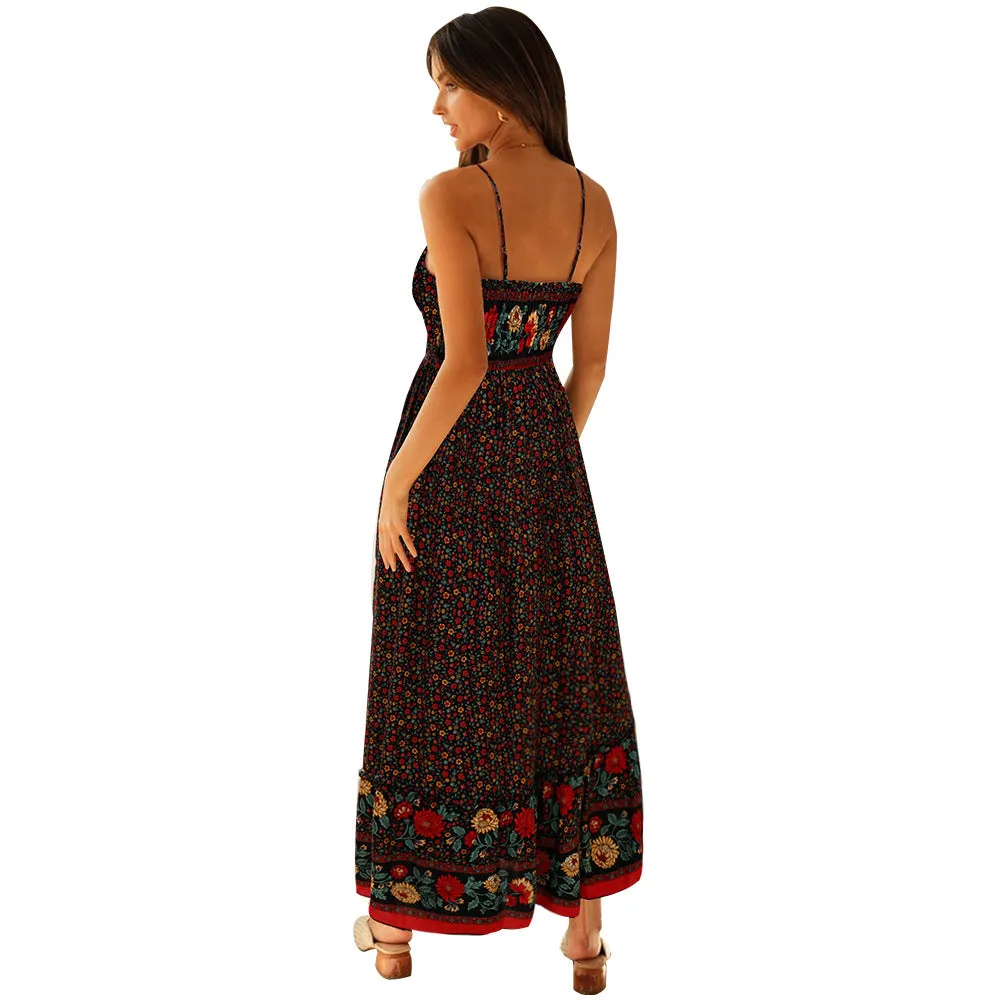 Bohemian V-neck Cotton Suspender Floral Long Beach Dress