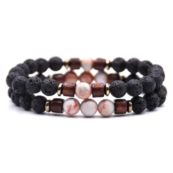 Classy Men Beaded Peach Wooden Bracelet Set