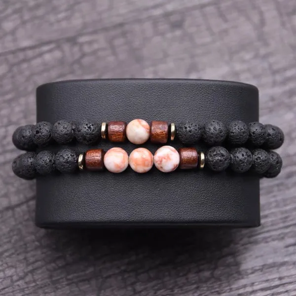 Classy Men Beaded Peach Wooden Bracelet Set