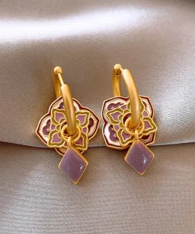 Classy Purple Copper Alloy Enamel Floral Hoop Earrings QQ039