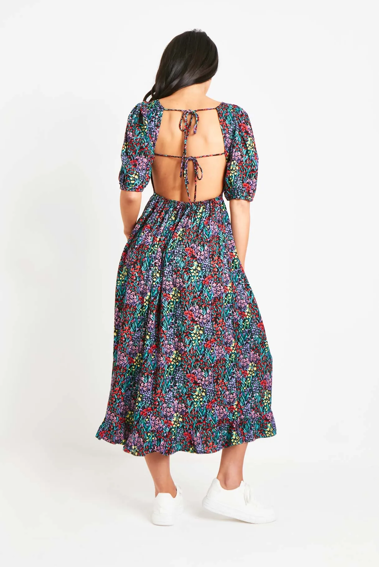 Fiona Black Floral Multi Printed Midi Dress