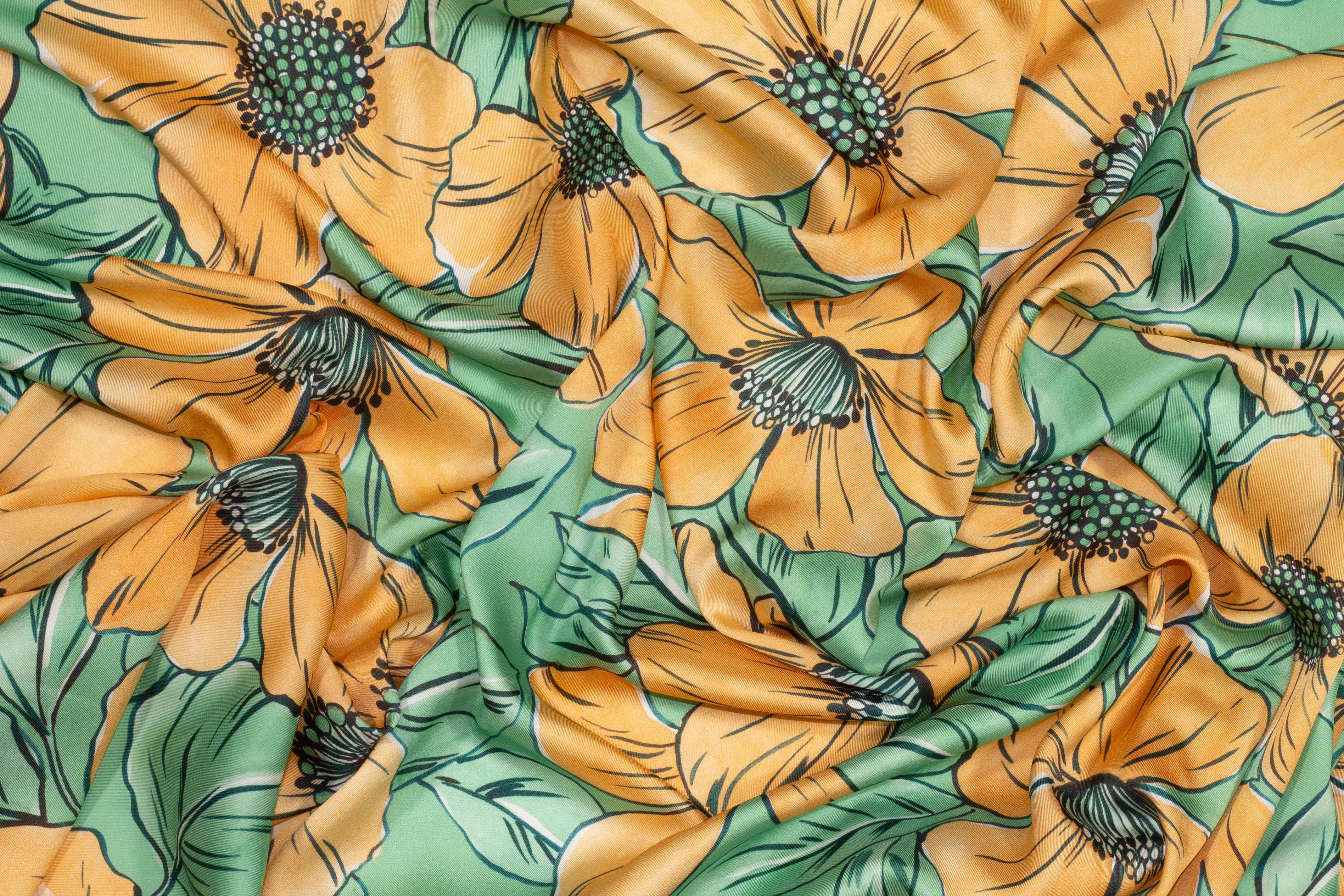 Floral Acetate Twill - Green and Orange