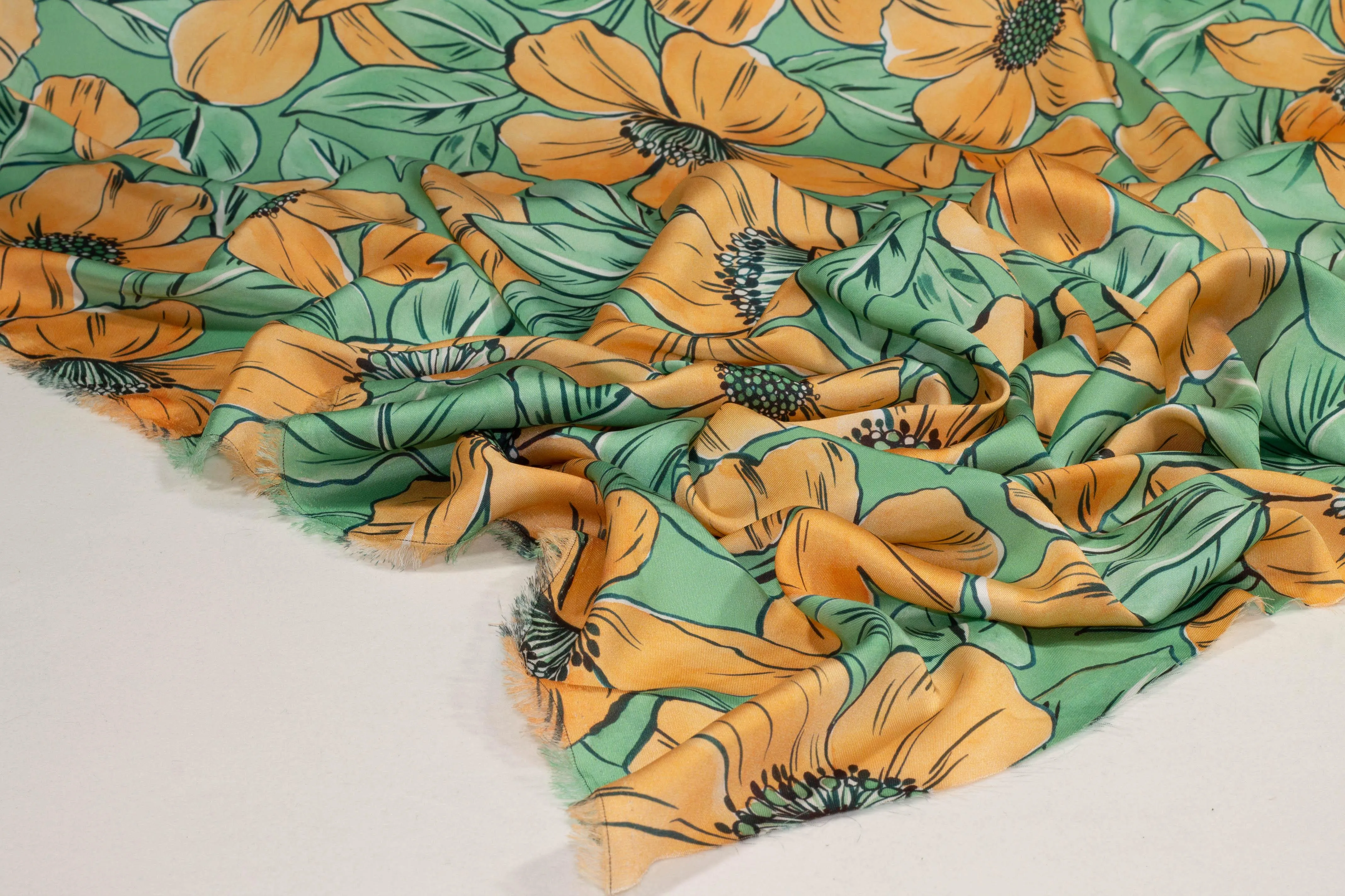 Floral Acetate Twill - Green and Orange