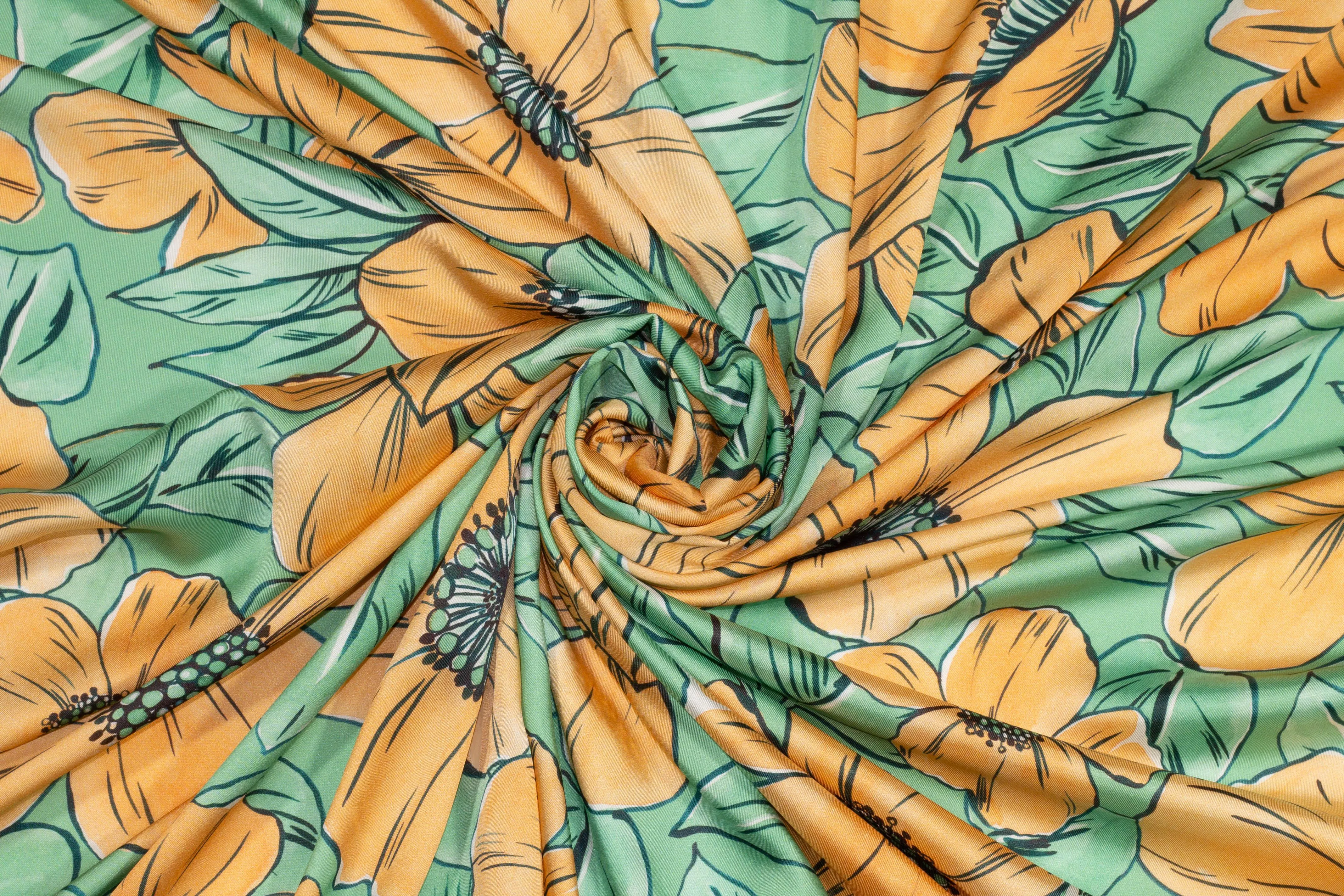 Floral Acetate Twill - Green and Orange