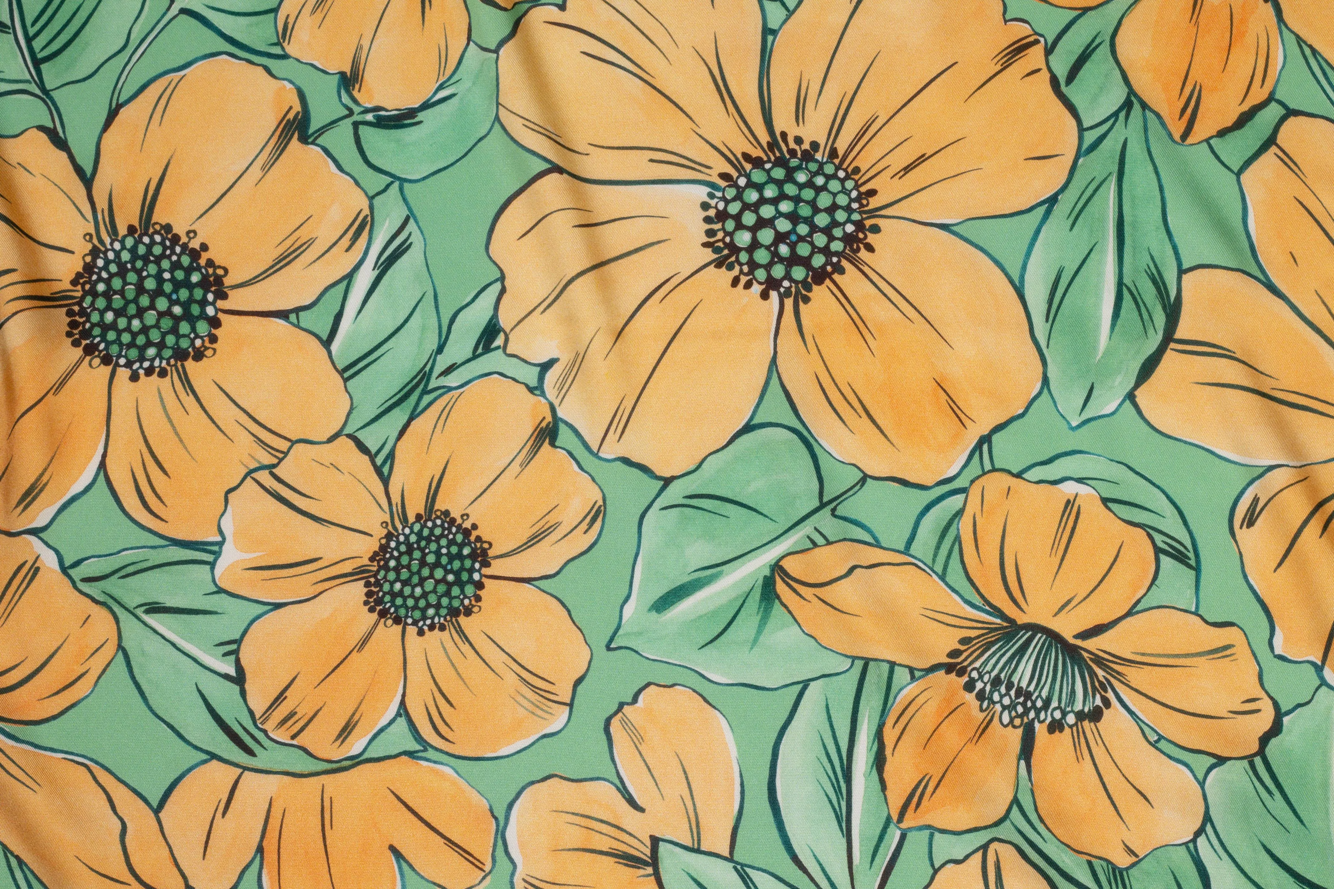 Floral Acetate Twill - Green and Orange