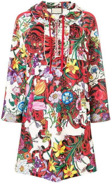 Floral Big Cat Print Hooded Dress