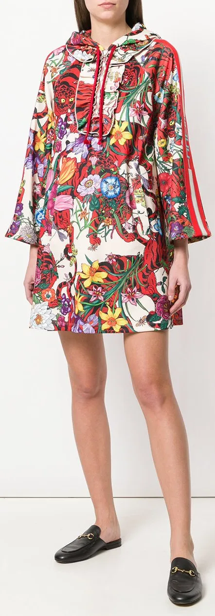 Floral Big Cat Print Hooded Dress