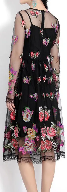 Floral-Embroidered Mesh Overlay Dress