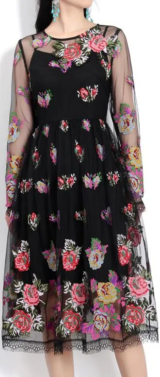 Floral-Embroidered Mesh Overlay Dress