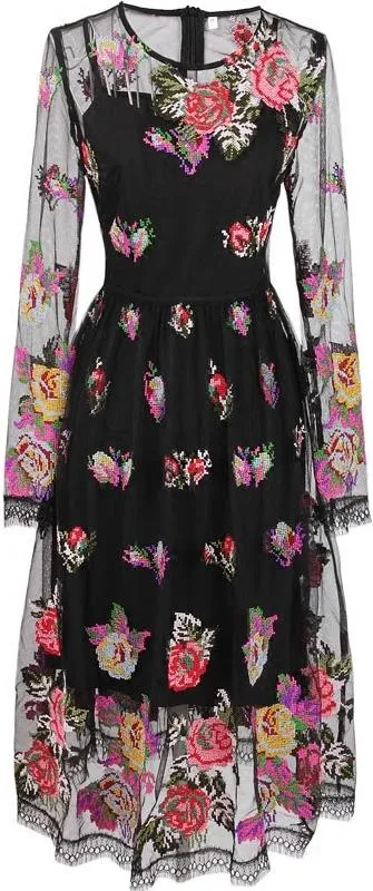 Floral-Embroidered Mesh Overlay Dress