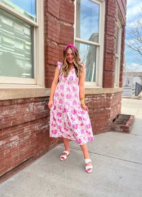 floral printed tiered midi dress - pink