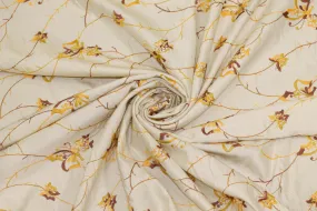 Ivory, Yellow, and Brown Embroidered Floral Linen