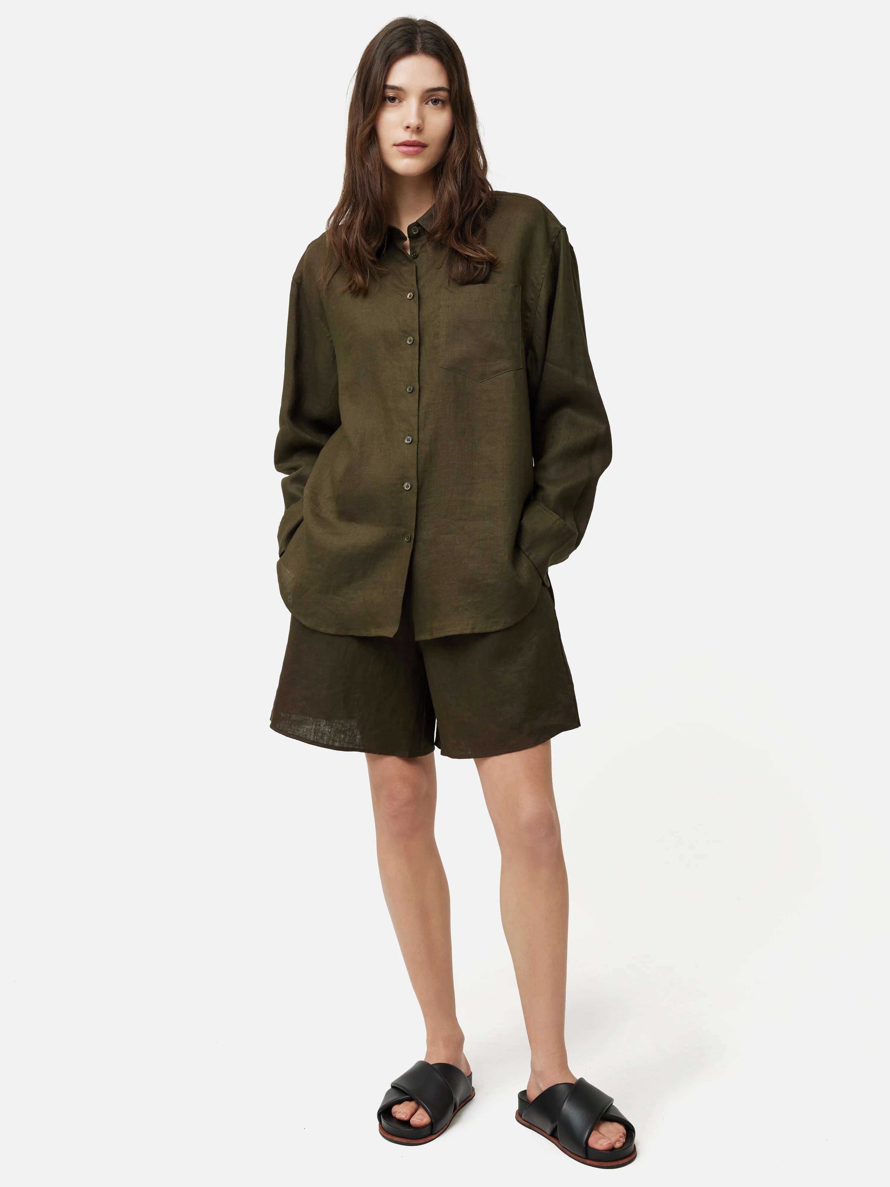 Linen Relaxed Shirt | Dark Green