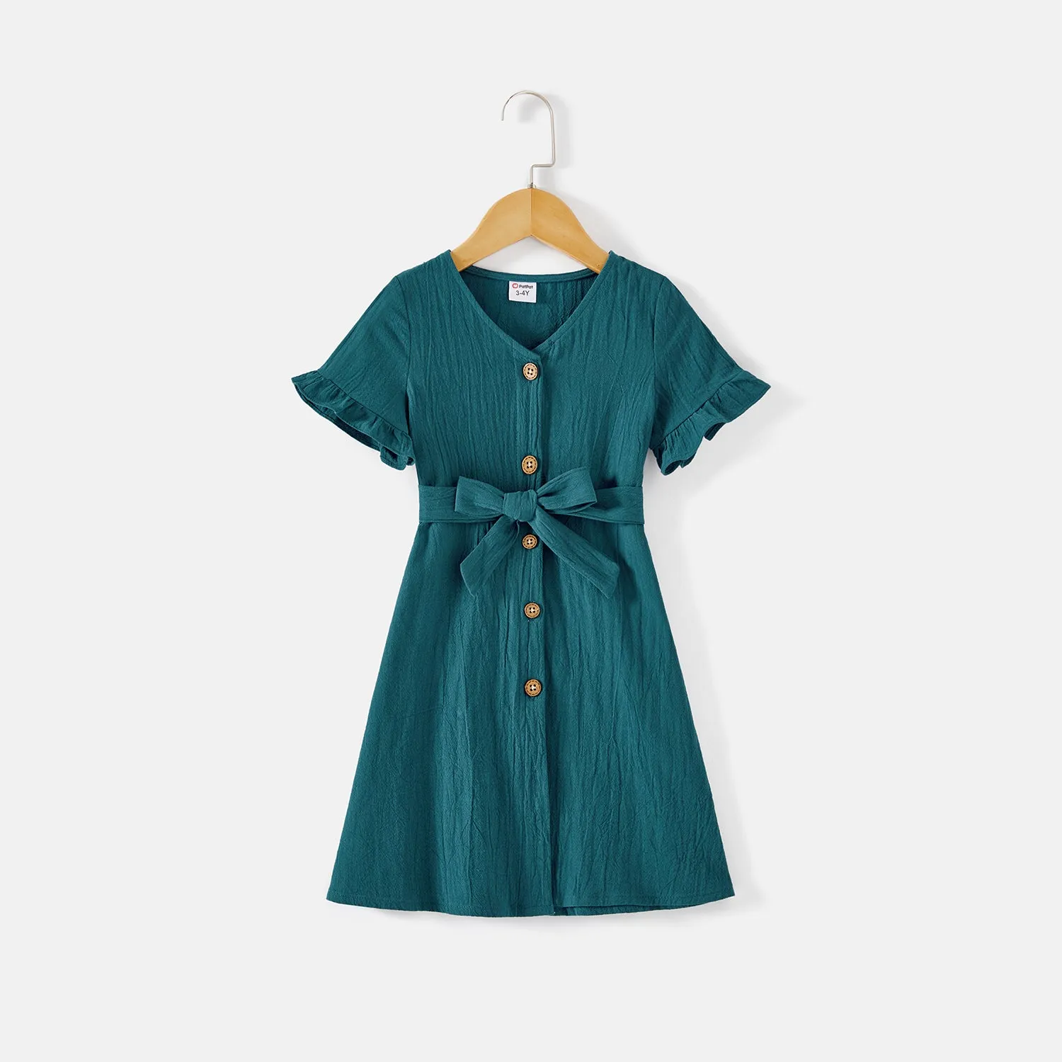 Mommy and Me 100% Cotton Button Front Solid V Neck Ruffle-sleeve Belted Dresses