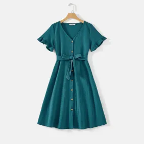 Mommy and Me 100% Cotton Button Front Solid V Neck Ruffle-sleeve Belted Dresses