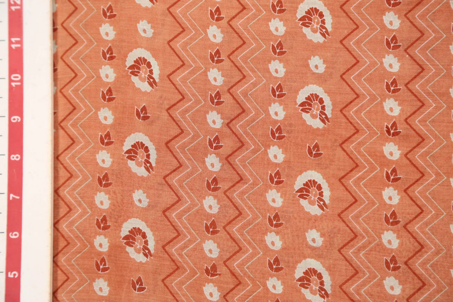 Peach Orange Abstract Printed Muslin Viscose Blend Fabric