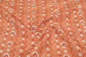 Peach Orange Abstract Printed Muslin Viscose Blend Fabric