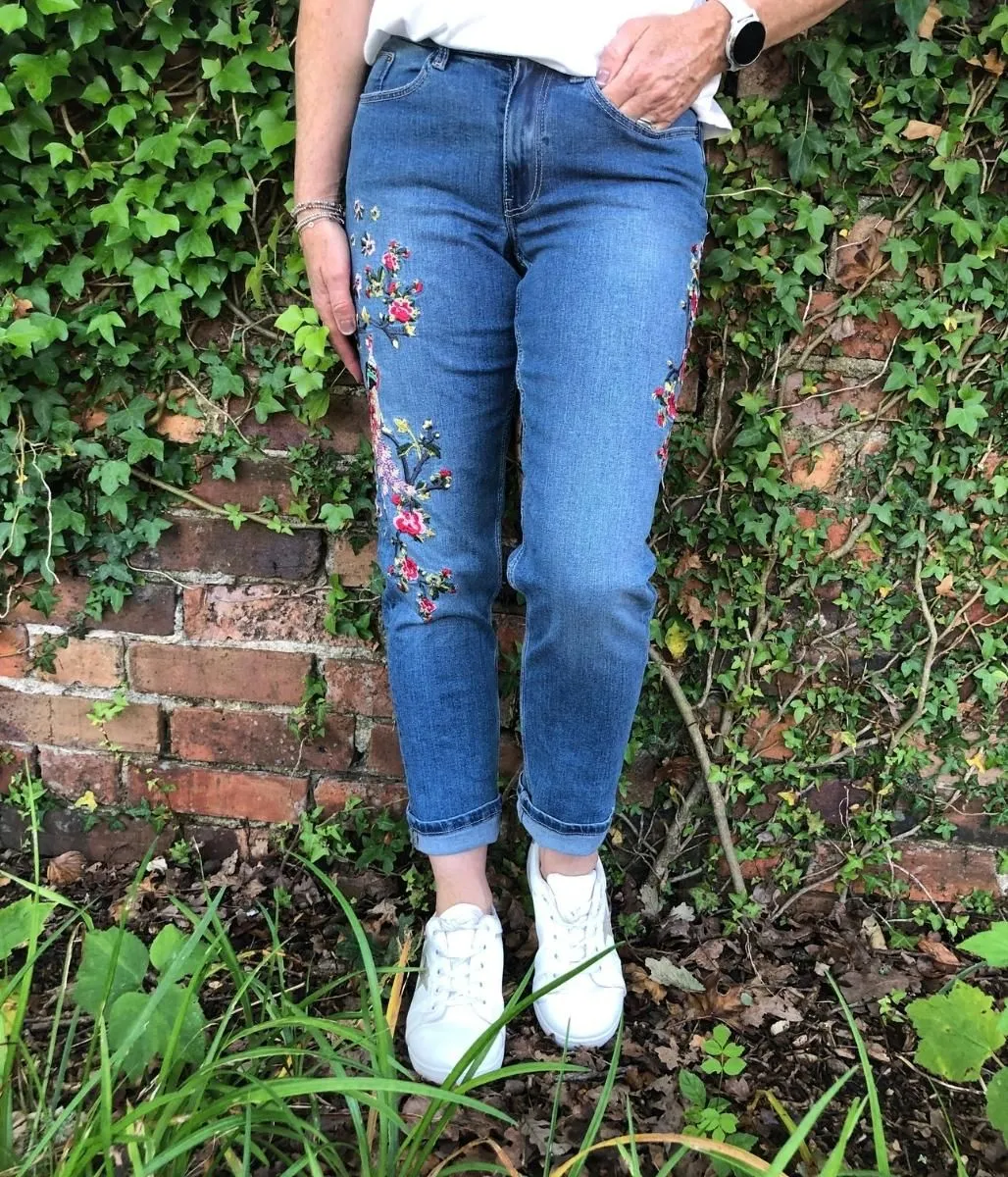 Peacock Embroidered Relaxed Slim Jeans