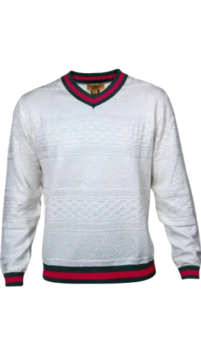 Prestige White Men's V-neck Sweater with Red and Green Stripes