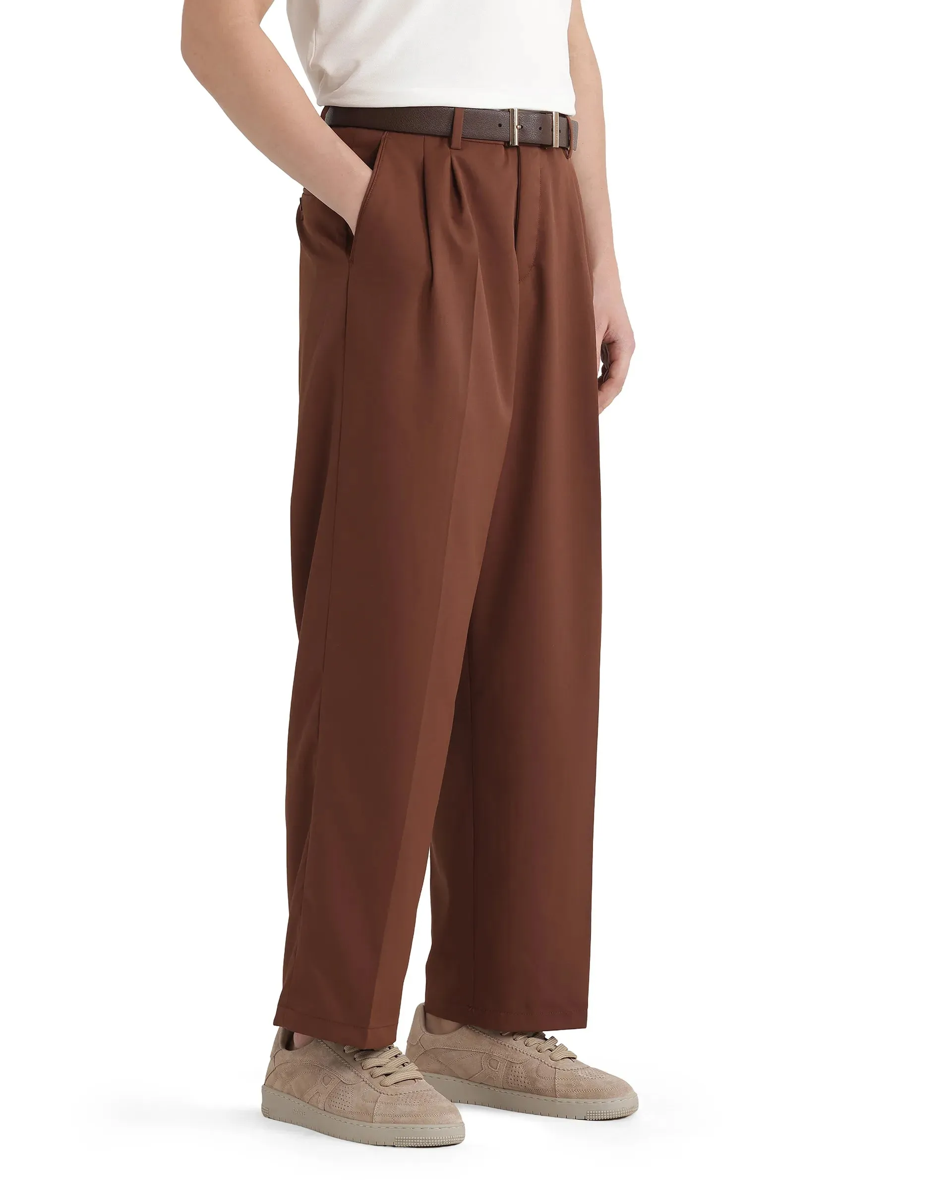 Rare Rabbit Men Enzot Brown Pleated Front Straight Fit Plain Trouser