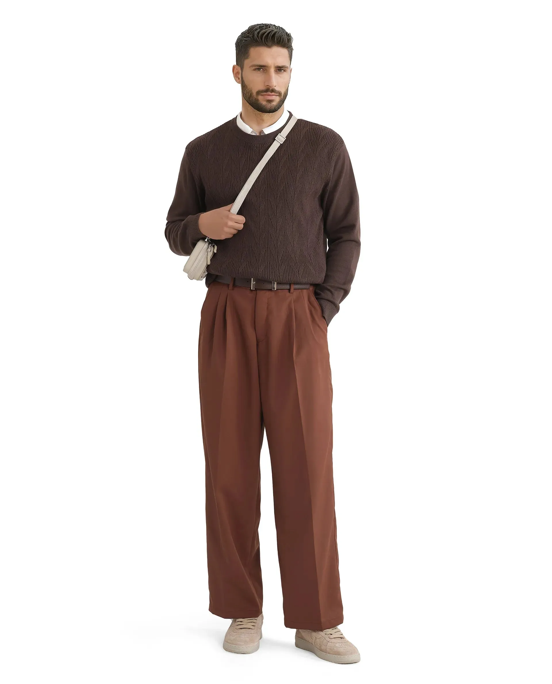 Rare Rabbit Men Enzot Brown Pleated Front Straight Fit Plain Trouser