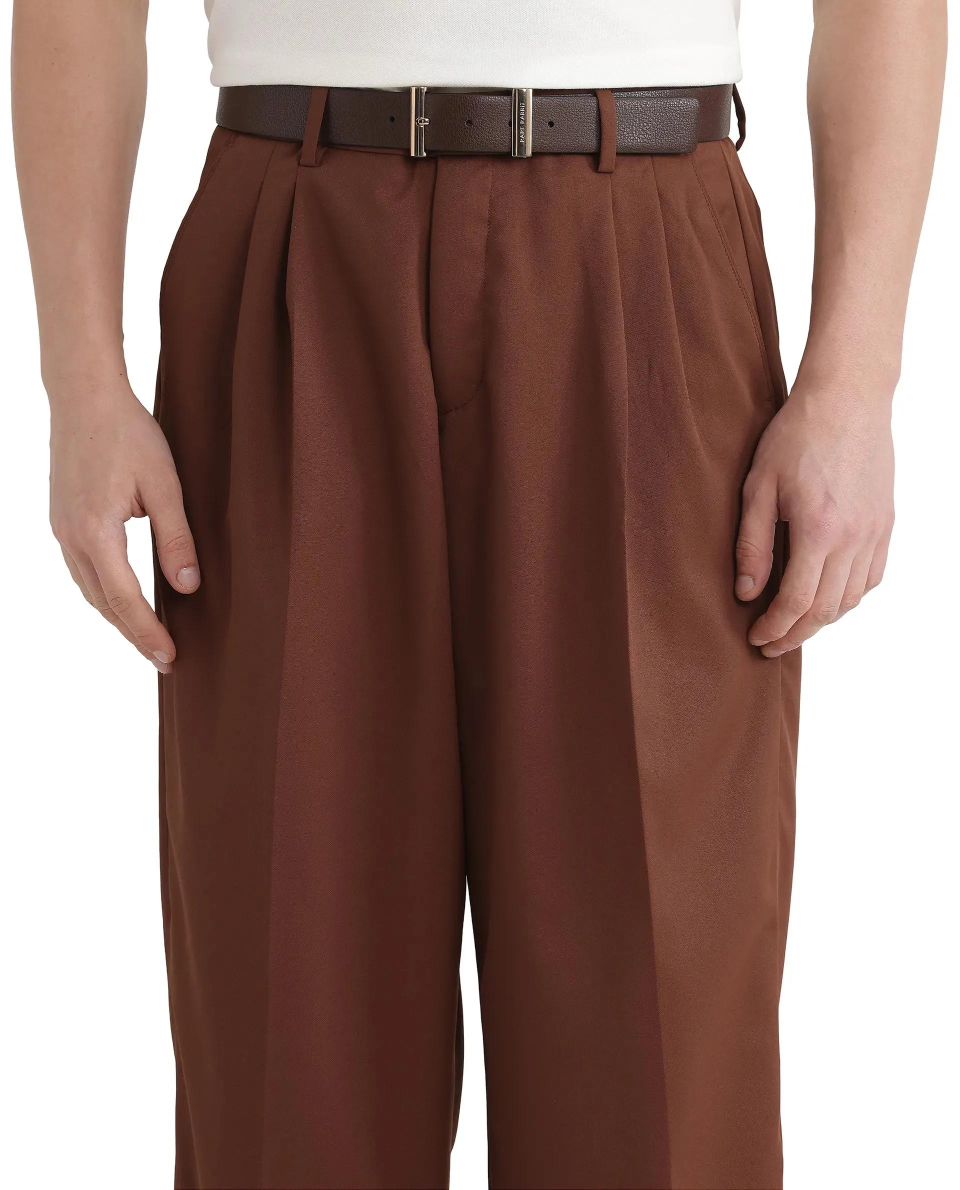 Rare Rabbit Men Enzot Brown Pleated Front Straight Fit Plain Trouser