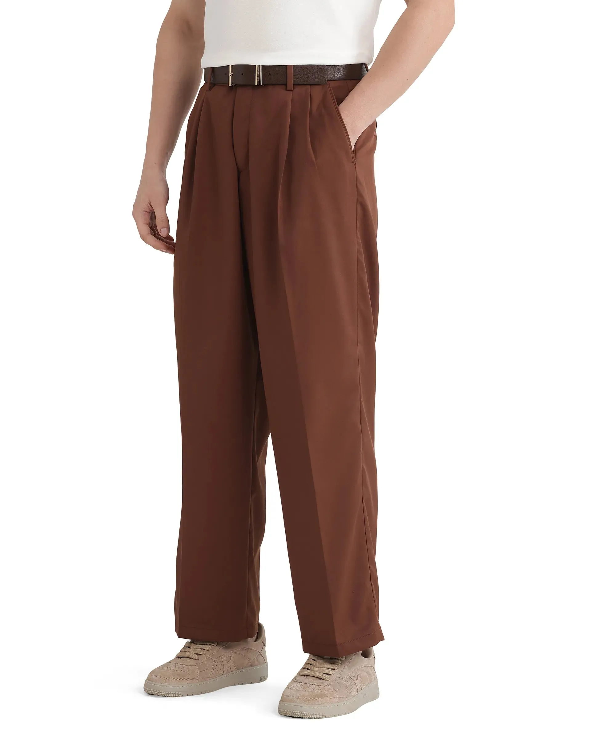 Rare Rabbit Men Enzot Brown Pleated Front Straight Fit Plain Trouser