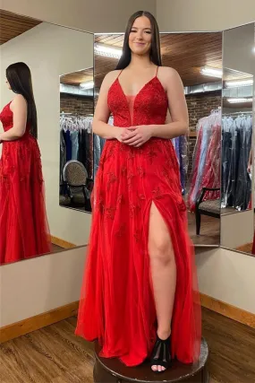 Red Plunging Floral Appliques V Neck Long Prom Dresses