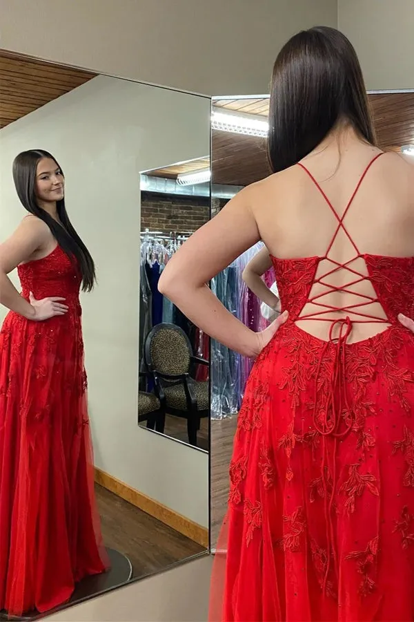 Red Plunging Floral Appliques V Neck Long Prom Dresses