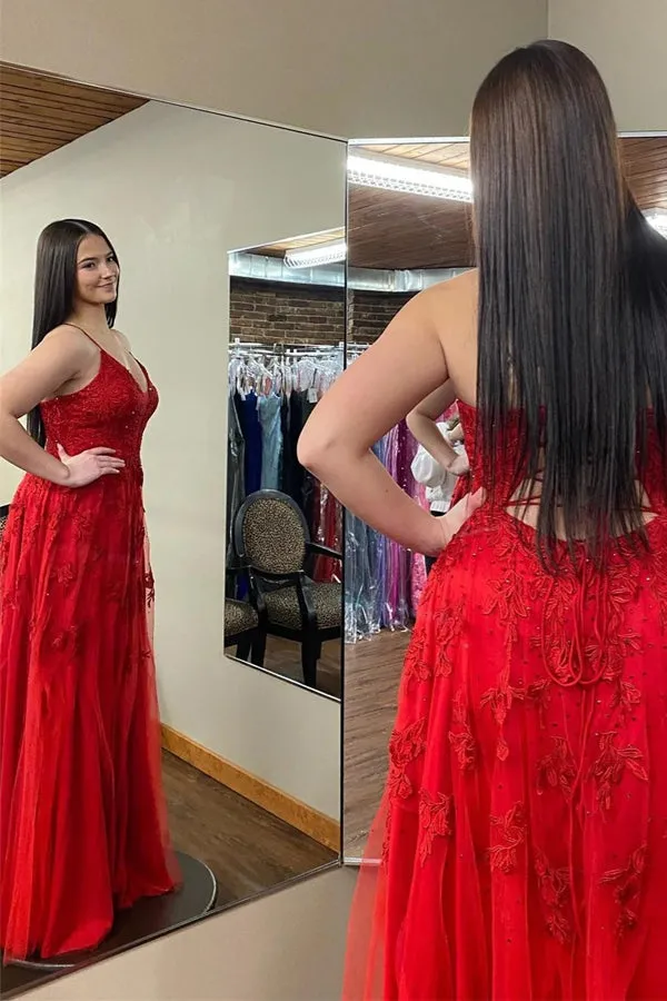 Red Plunging Floral Appliques V Neck Long Prom Dresses