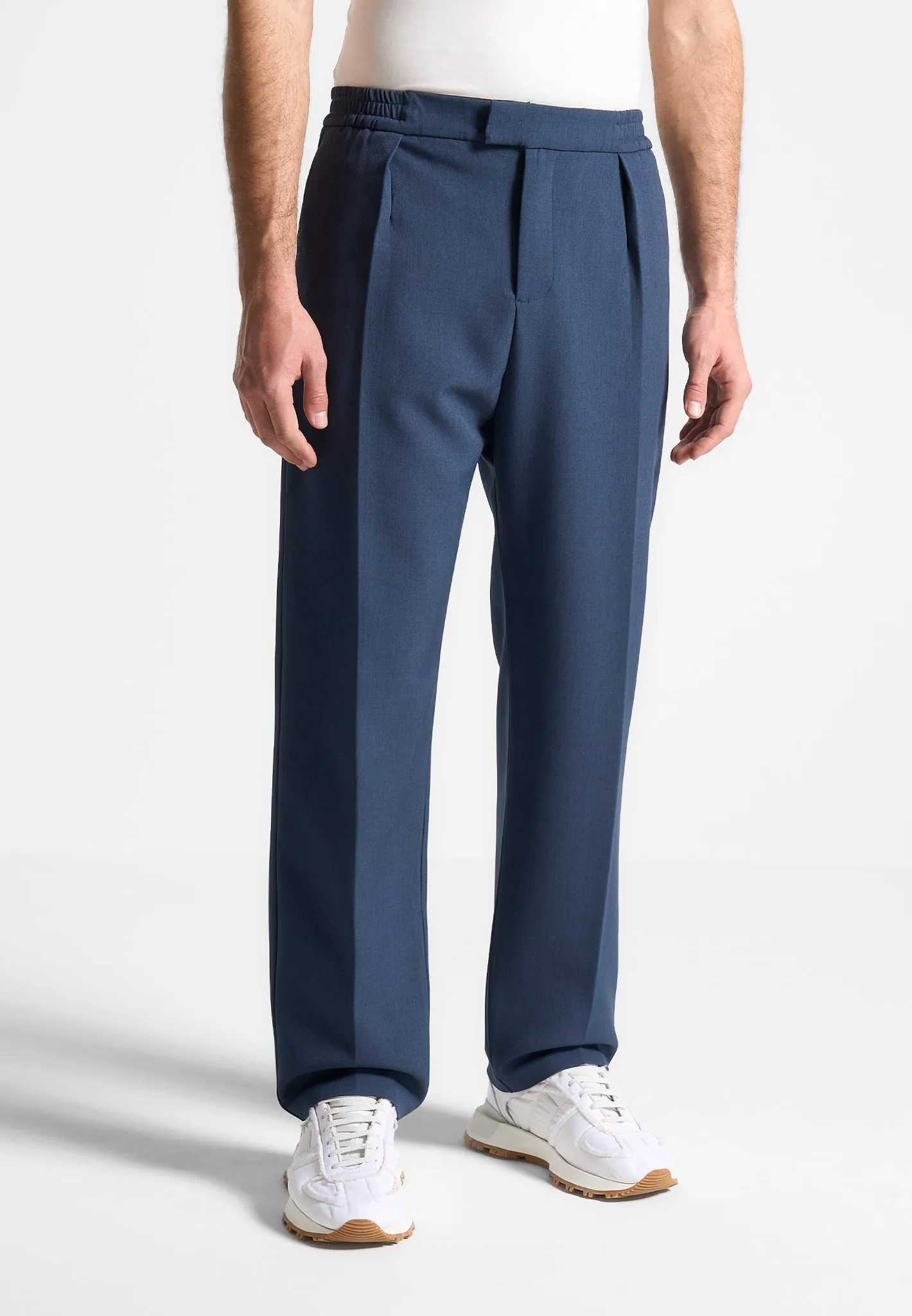 Relaxed Fit Hatched Pleated Tailored Trousers - Blue