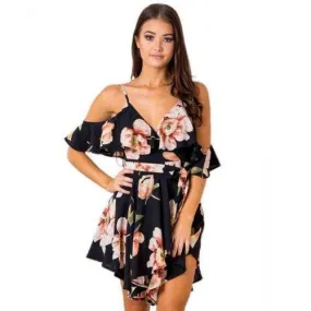 Ruffle Floral Printed Spaghetti Straps V-Neck Backless Short Dress