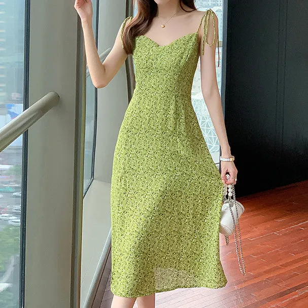 Slit V-Neck Chiffon Floral Sling Dress