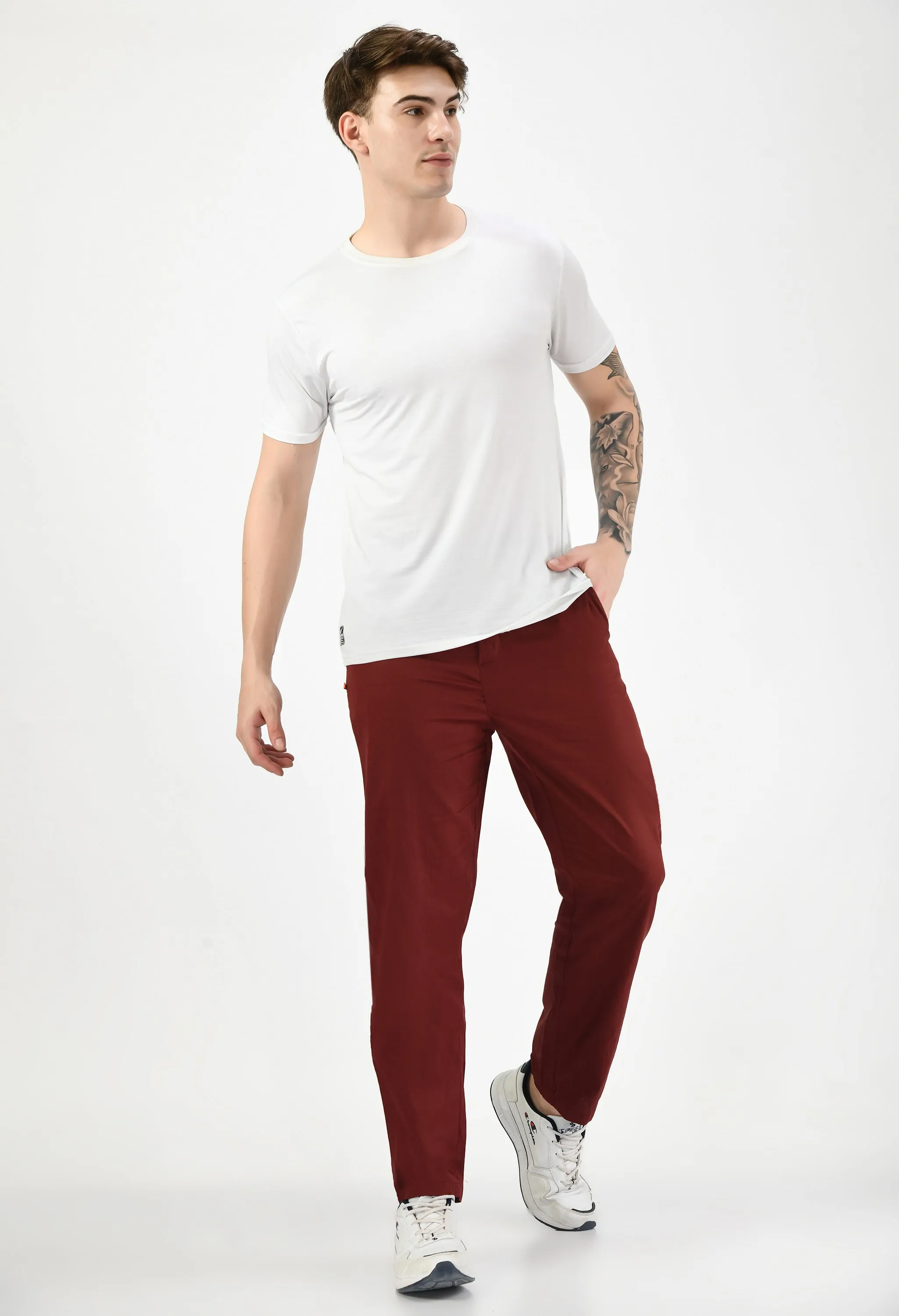 Solid Cotton Twill Relaxed Fit Men's Trouser - Marron