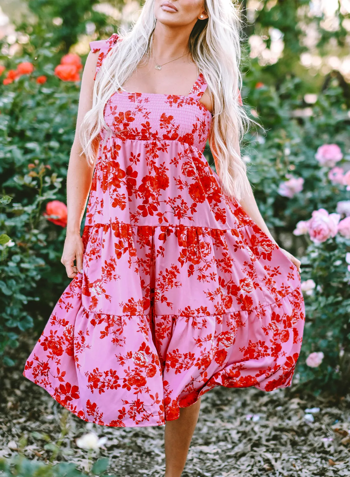 Tie Shoulder Straps Tiered Floral Dresses