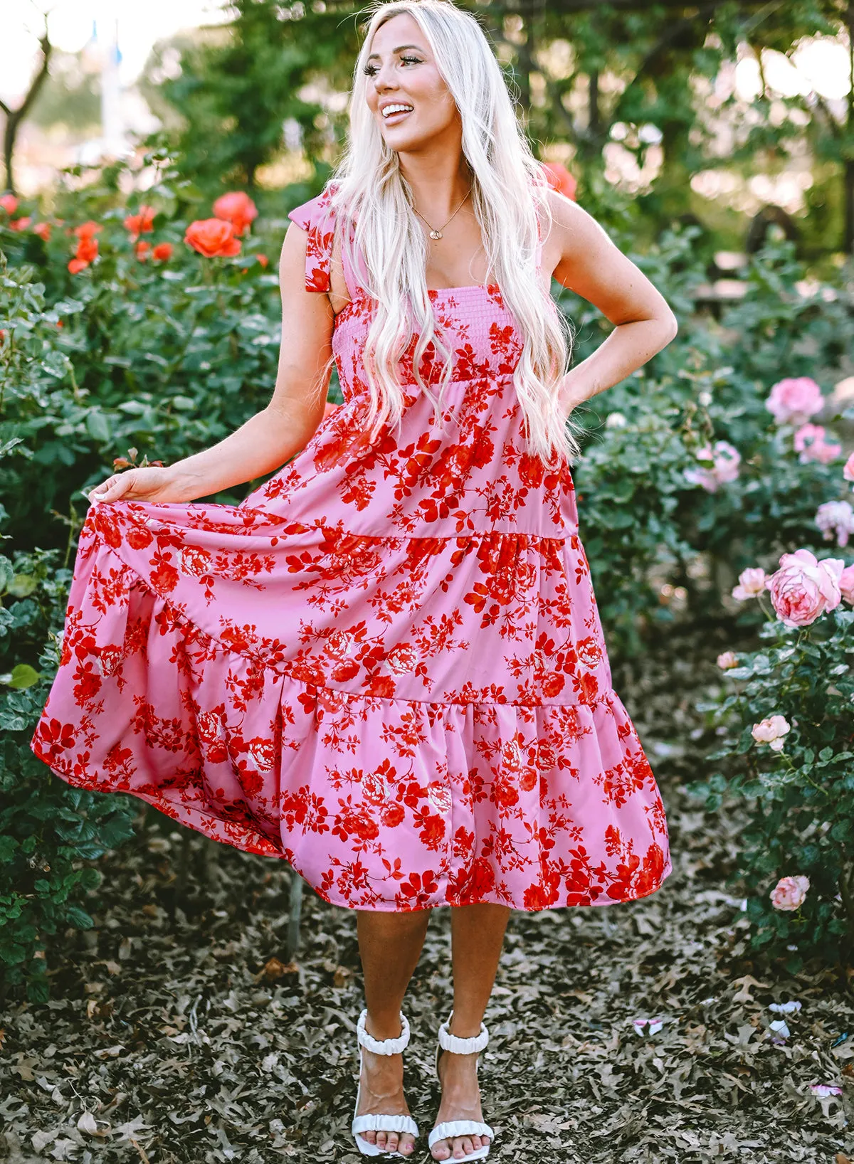 Tie Shoulder Straps Tiered Floral Dresses