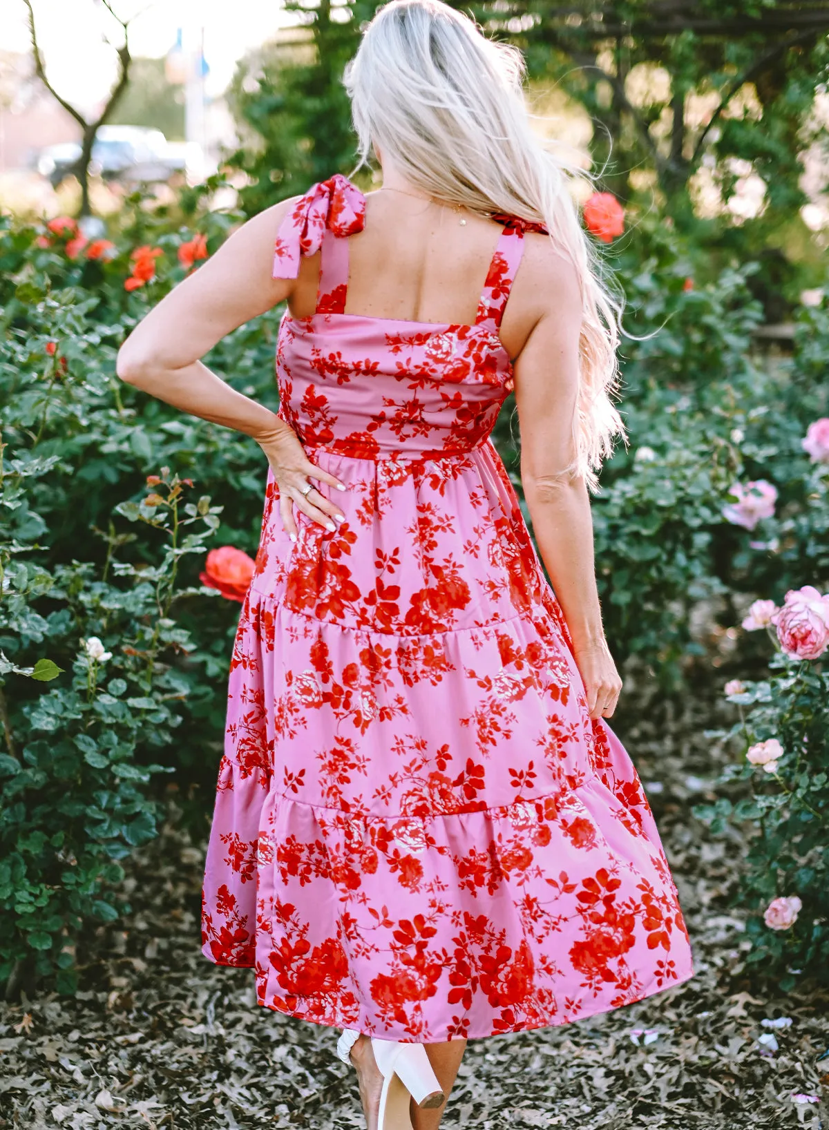 Tie Shoulder Straps Tiered Floral Dresses