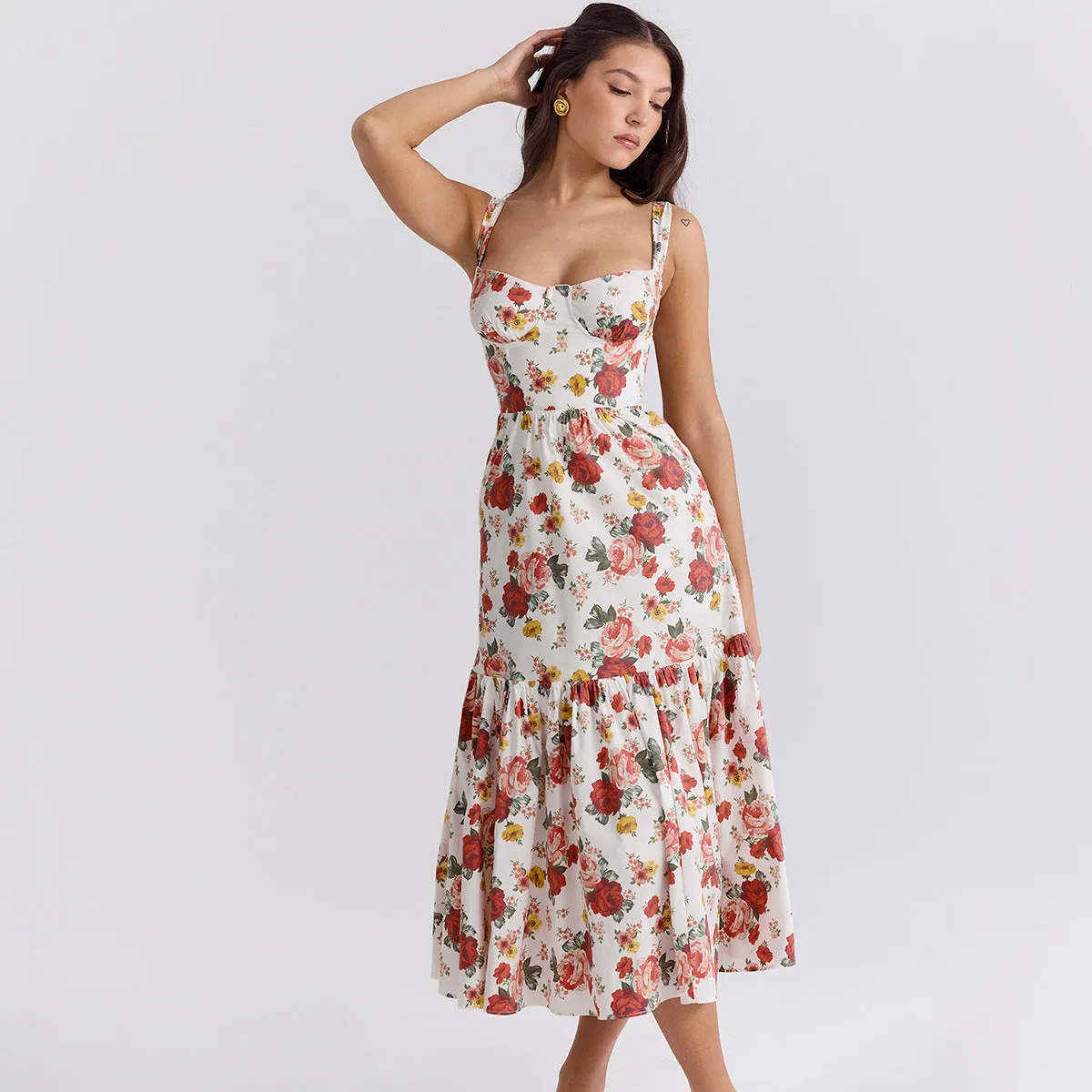 Wenkouban Summer Elegant Holiday Dress 2025 Causal Ruffle Hems Fit and Flare Dress with Pocket Mid Length Floral Print Dress-nye outfits