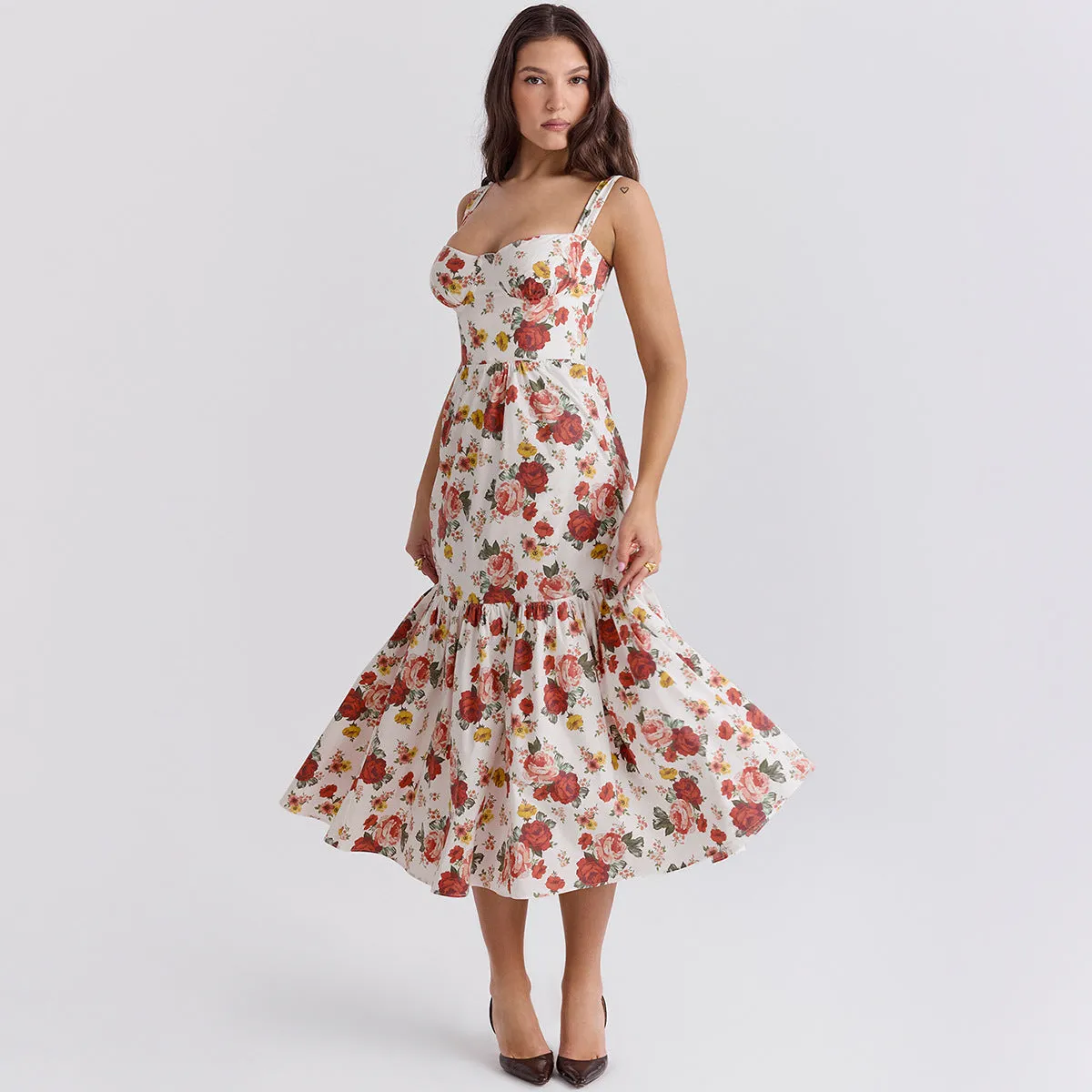 Wenkouban Summer Elegant Holiday Dress 2025 Causal Ruffle Hems Fit and Flare Dress with Pocket Mid Length Floral Print Dress-nye outfits