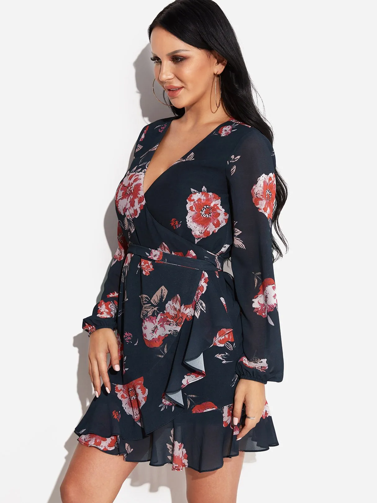 Wholesale Black Deep V Neck Long Sleeve Floral Print Crossed Front Self-Tie Flounced Hem Dresses