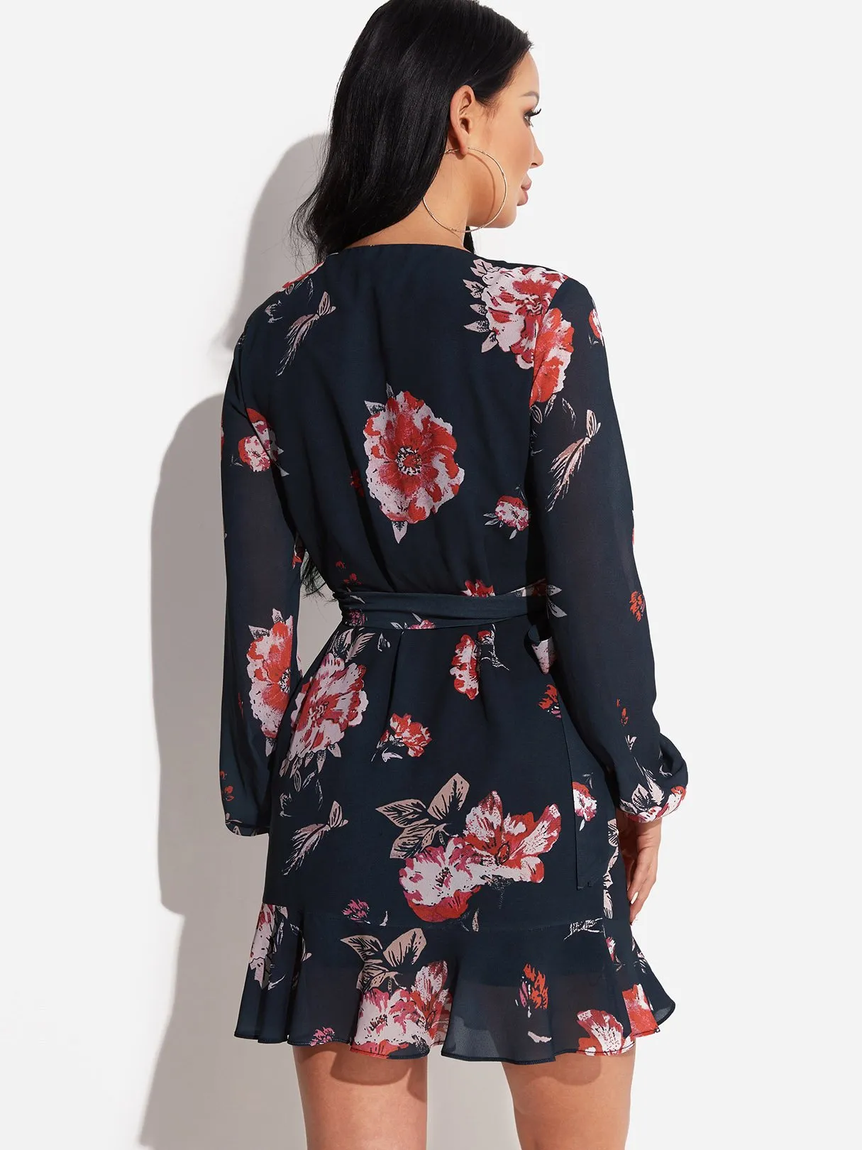 Wholesale Black Deep V Neck Long Sleeve Floral Print Crossed Front Self-Tie Flounced Hem Dresses