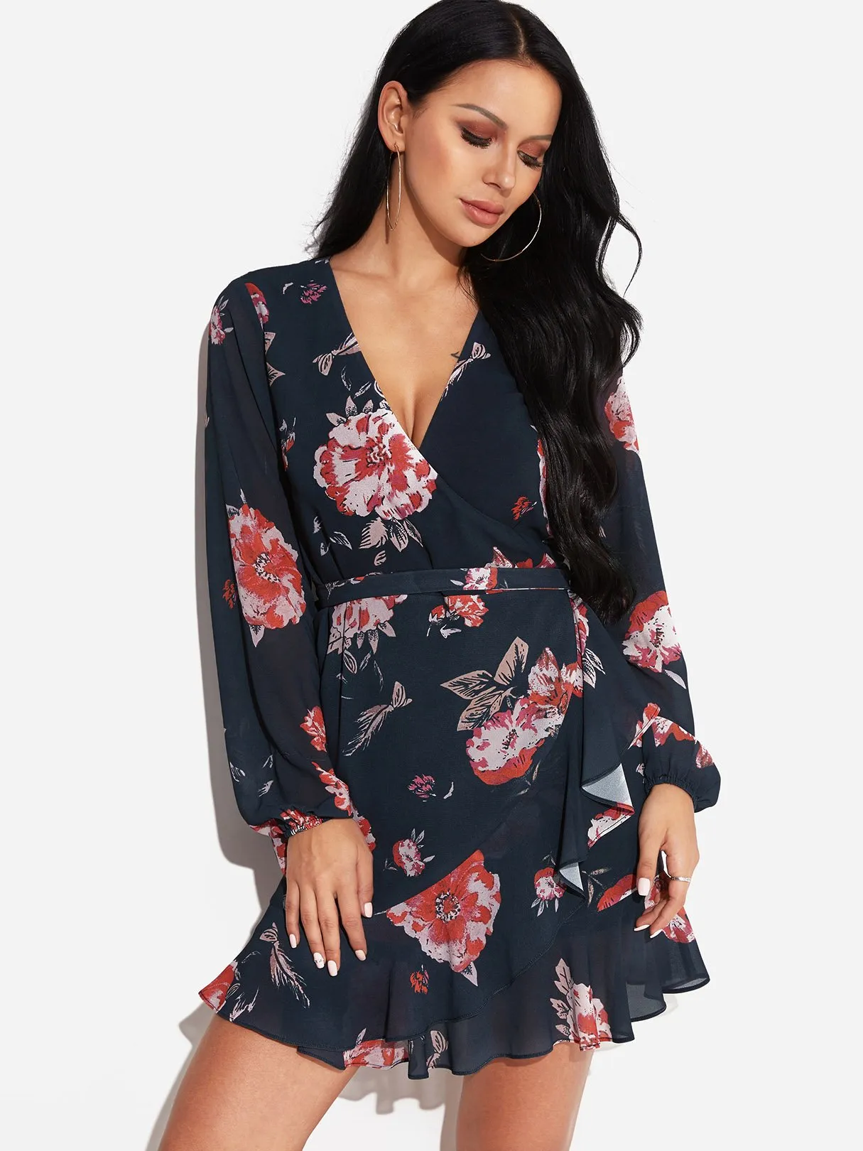 Wholesale Black Deep V Neck Long Sleeve Floral Print Crossed Front Self-Tie Flounced Hem Dresses