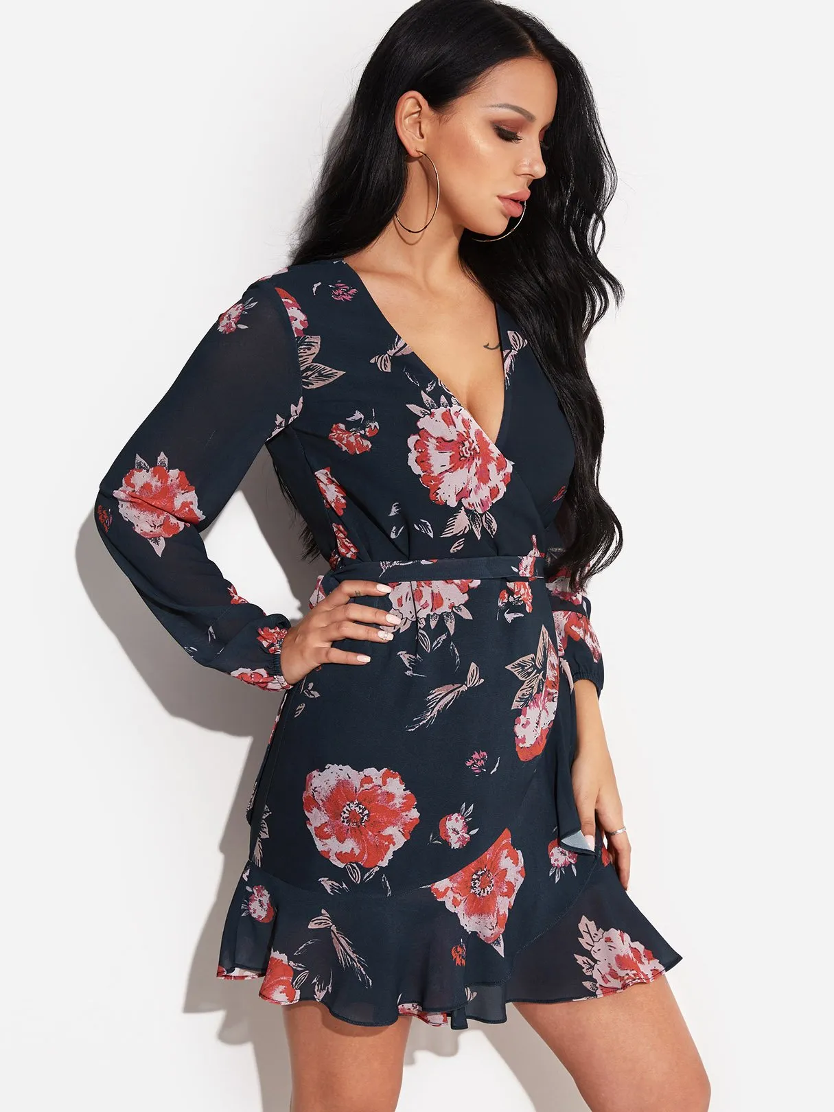 Wholesale Black Deep V Neck Long Sleeve Floral Print Crossed Front Self-Tie Flounced Hem Dresses