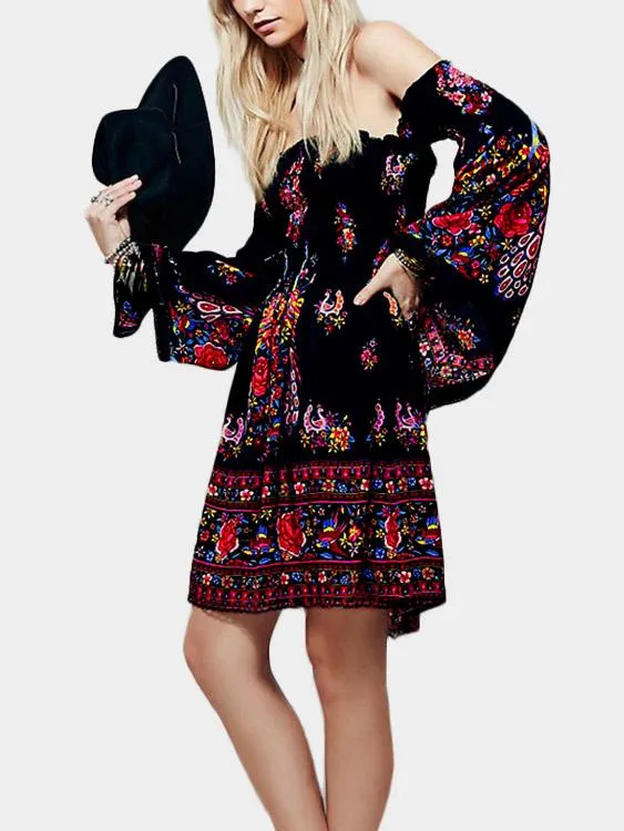 Wholesale Black Off The Shoulder Long Sleeve Floral Print Dresses