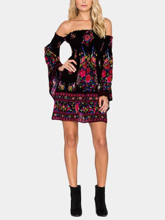 Wholesale Black Off The Shoulder Long Sleeve Floral Print Dresses